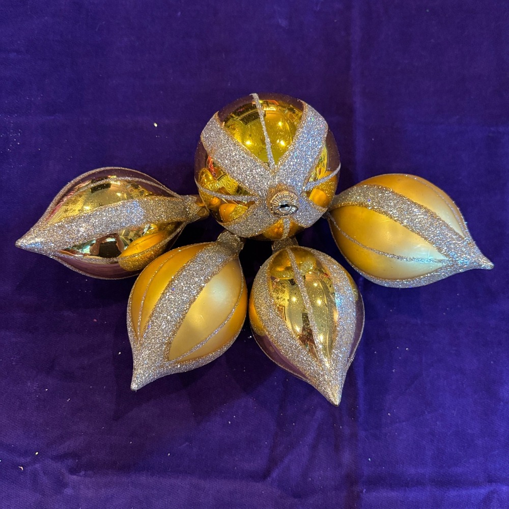 Vintage Gold Glass Glitter Striped Teardrop and Round Christmas Ornaments 5pc